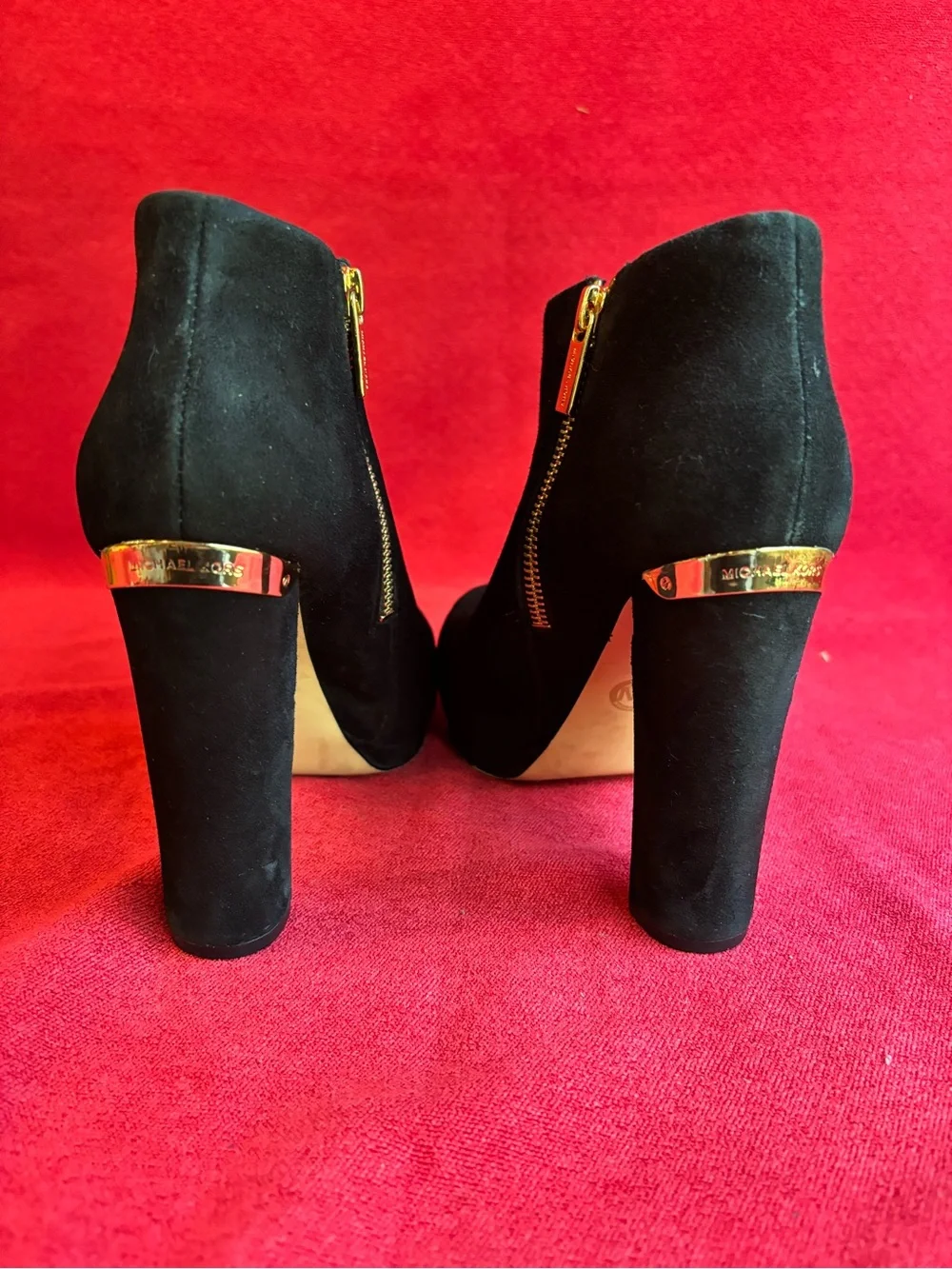 Michael Kors Black Suede High‑Heel Ankle Booties with Gold Trim